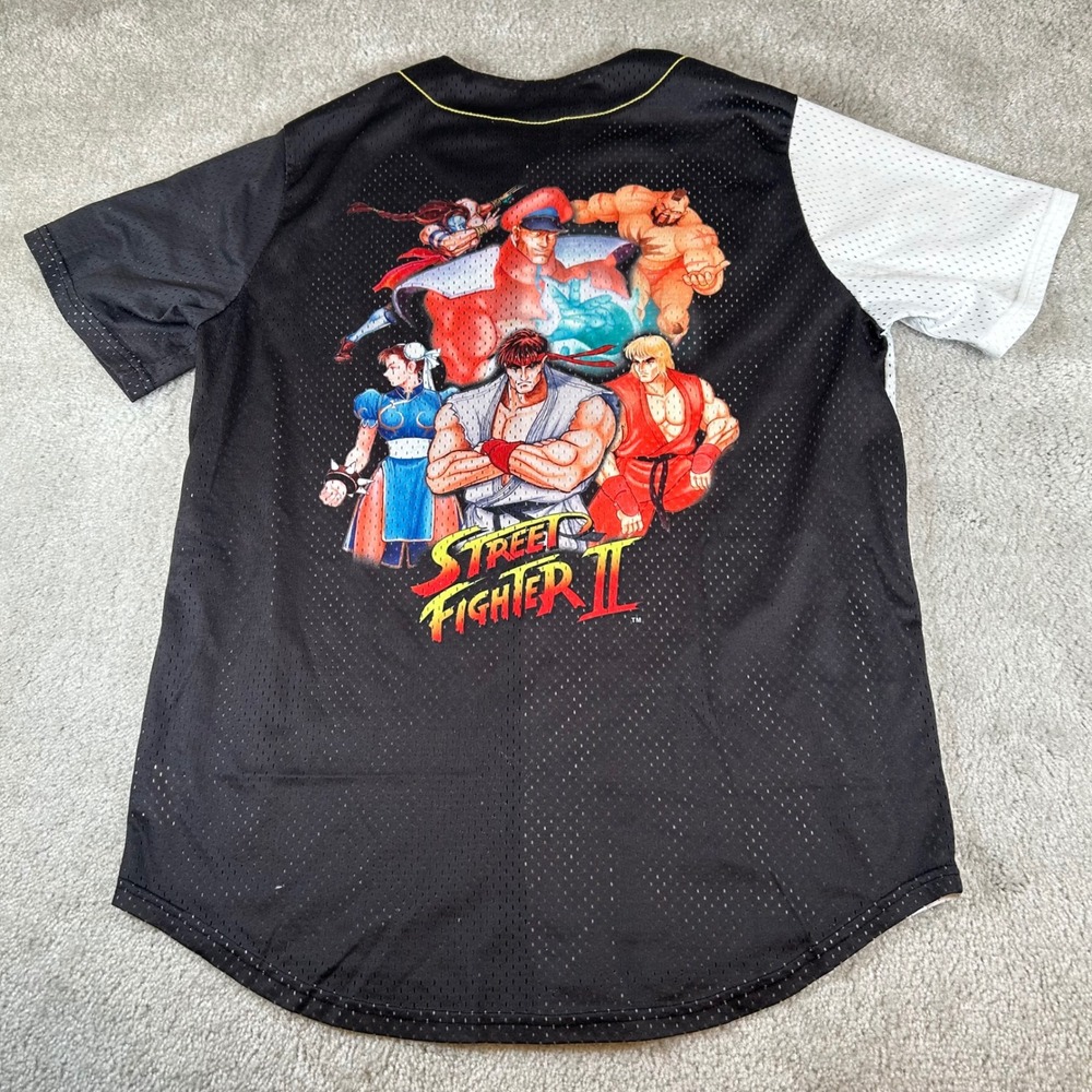 Street Fighter II Baseball Jersey Mens Medium Black White Graphic Mesh Button Up - Picture 3 of 13